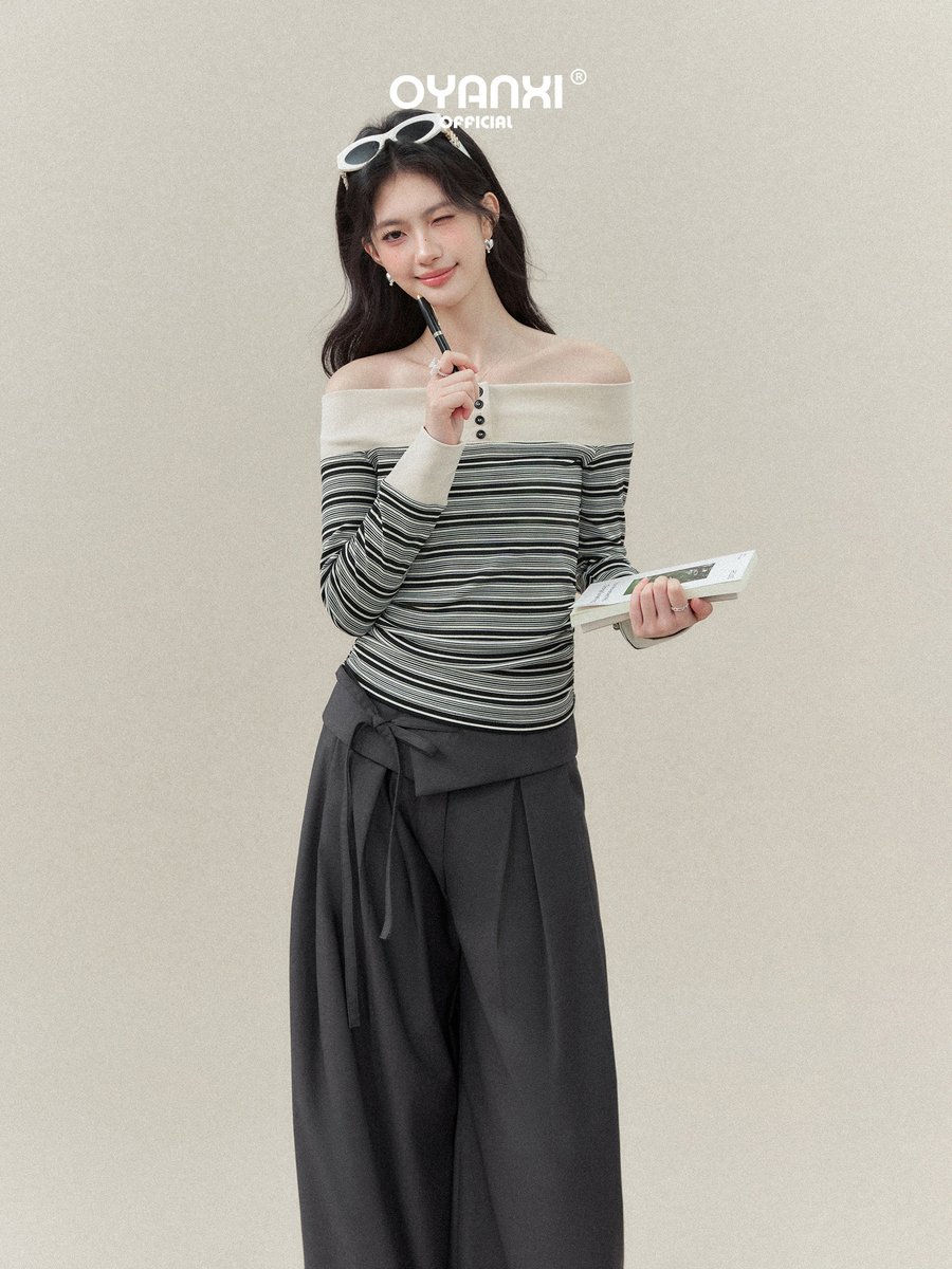 OYANXI 折り返しウエスト ハイウエスト ワイドパンツ