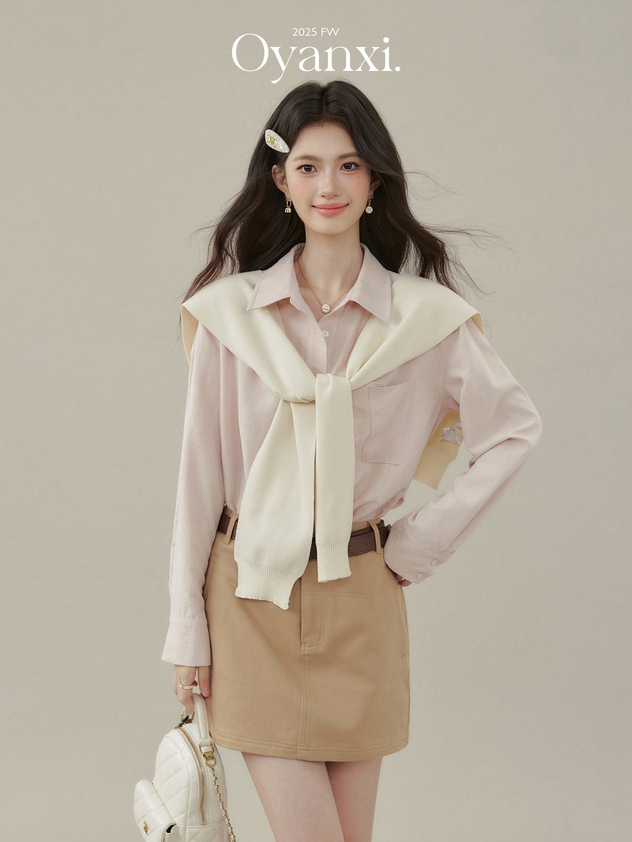 OYANXI ショール付き ポロカラー 長袖シャツ ピンク
