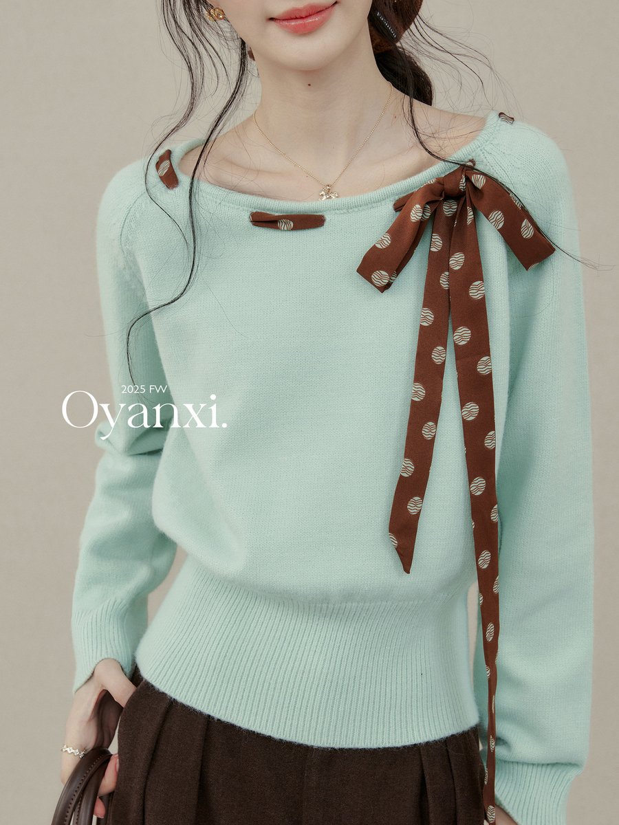 OYANXI 斜めネック リボンタイ ライトグリーンニット