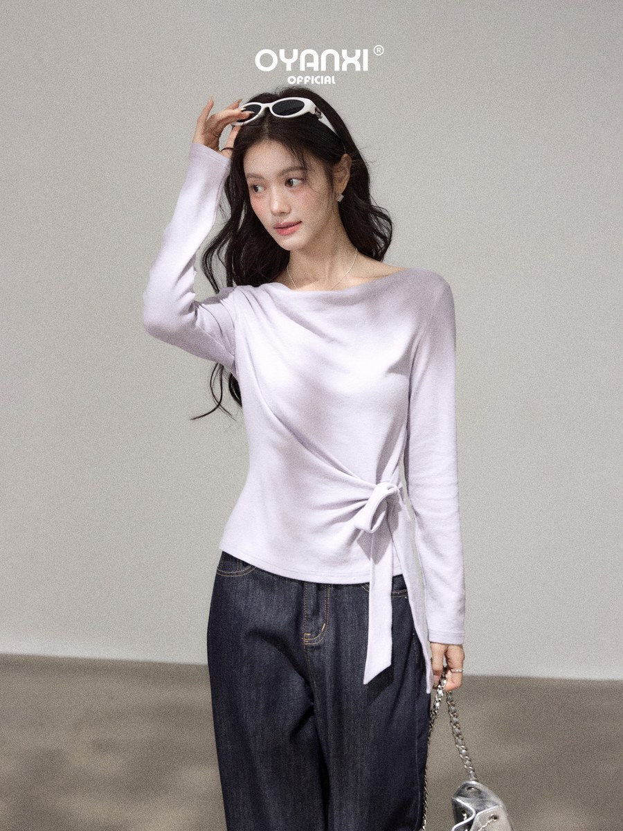 OYANXI ウエストリボン シンプル 長袖Tシャツ