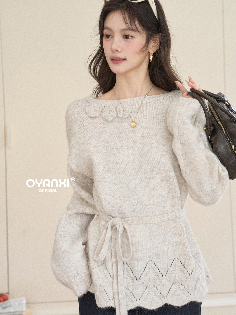 OYANXI ワンショルダー 立体かぎ編みフラワー ウェーブヘム セーター