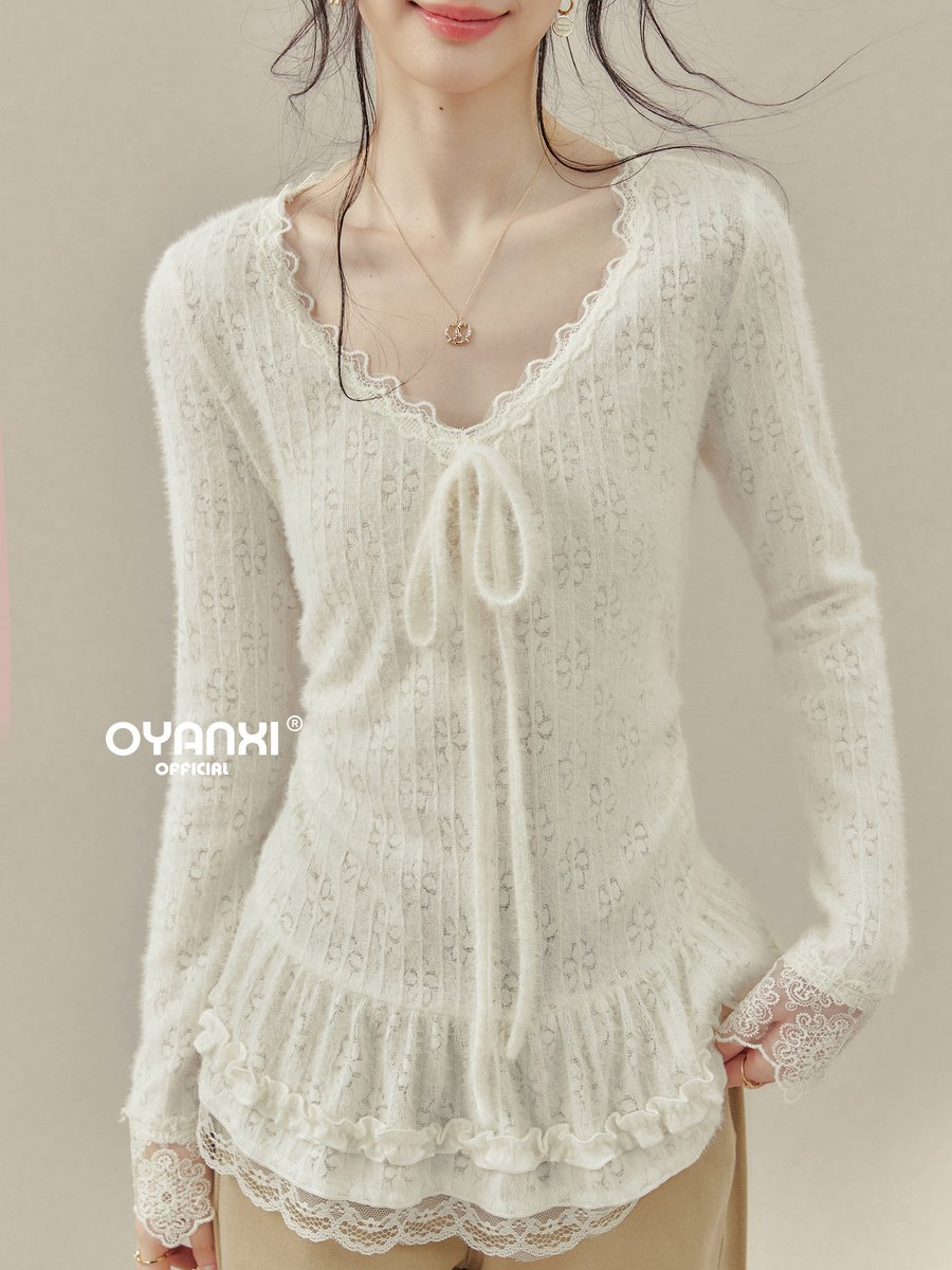 OYANXI レース切り替え 長袖Tシャツ