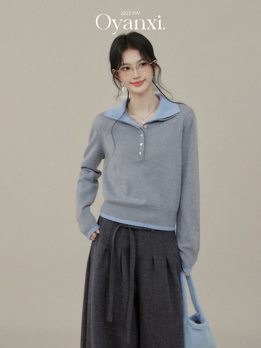 OYANXI 襟付き 配色 プルオーバーニット