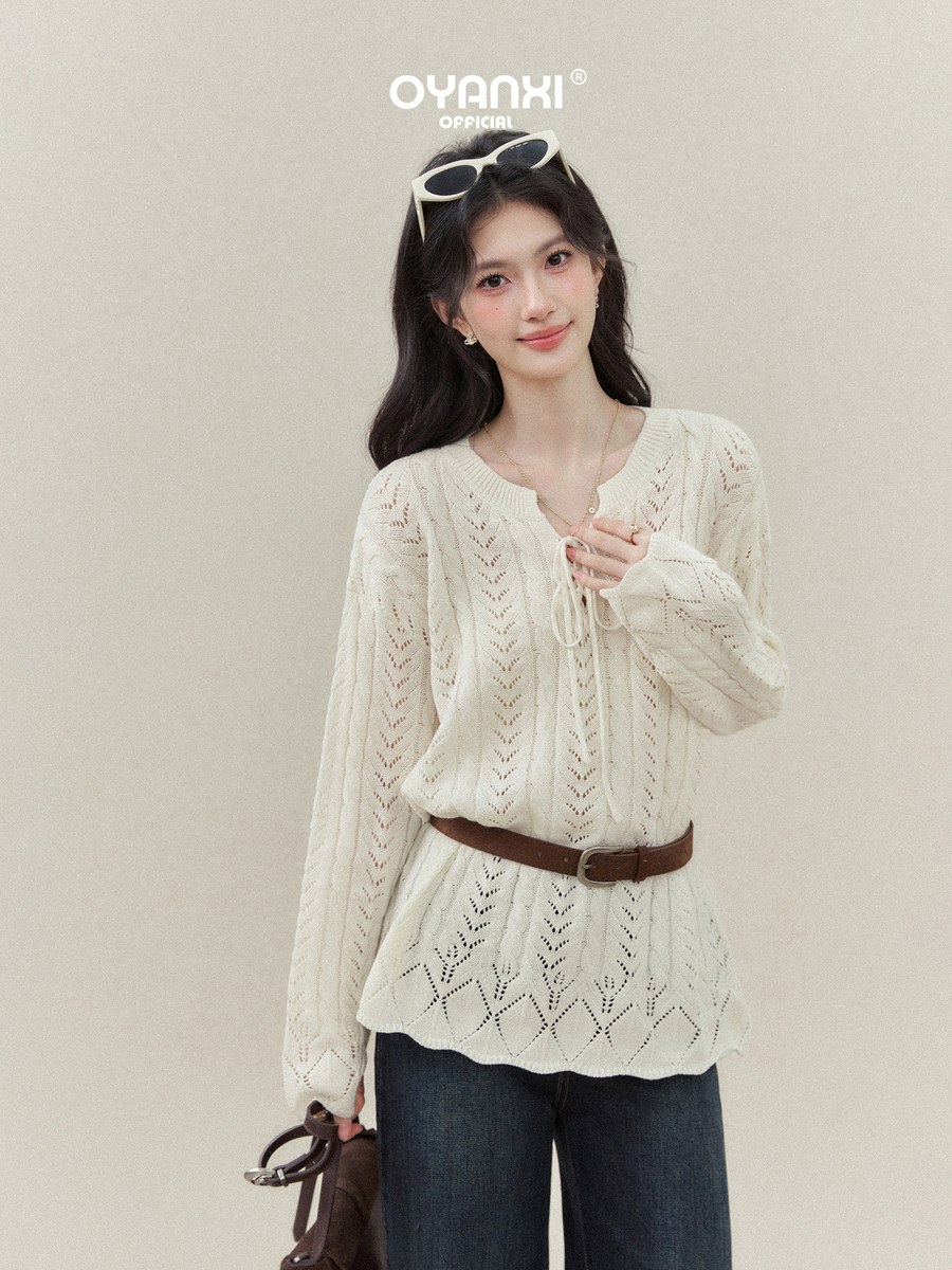 OYANXI 透かし ケーブル編み Vネック ニット