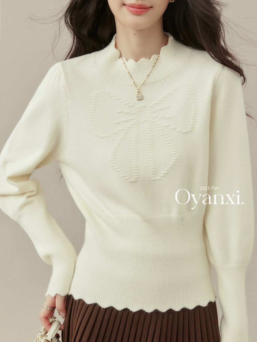 OYANXI リボン刺繍 ハイネック ニットトップス