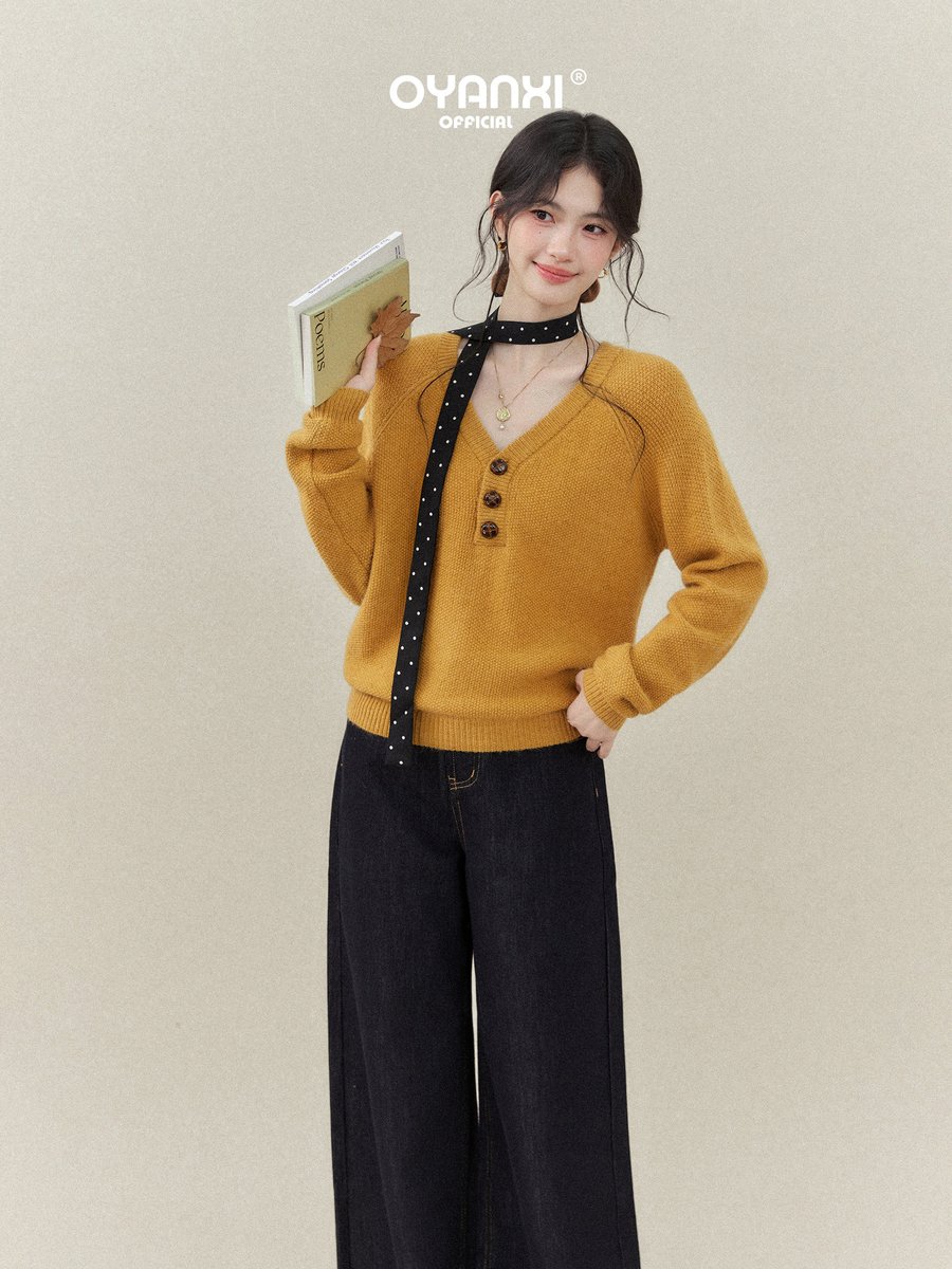 OYANXI ハイウエスト ワイドデニムパンツ ダークブルー