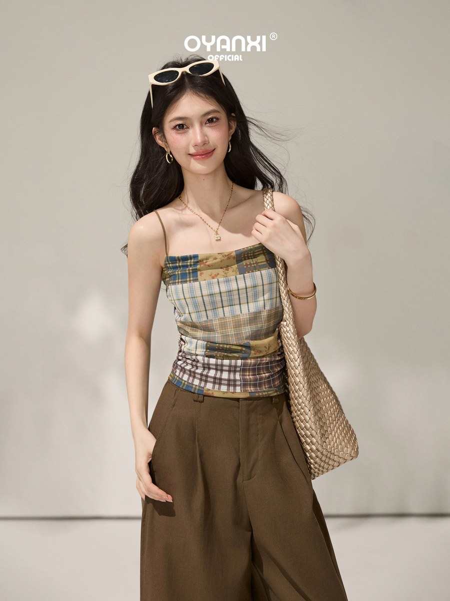 OYANXI チェック柄 メッシュ プリント ショート丈キャミソール