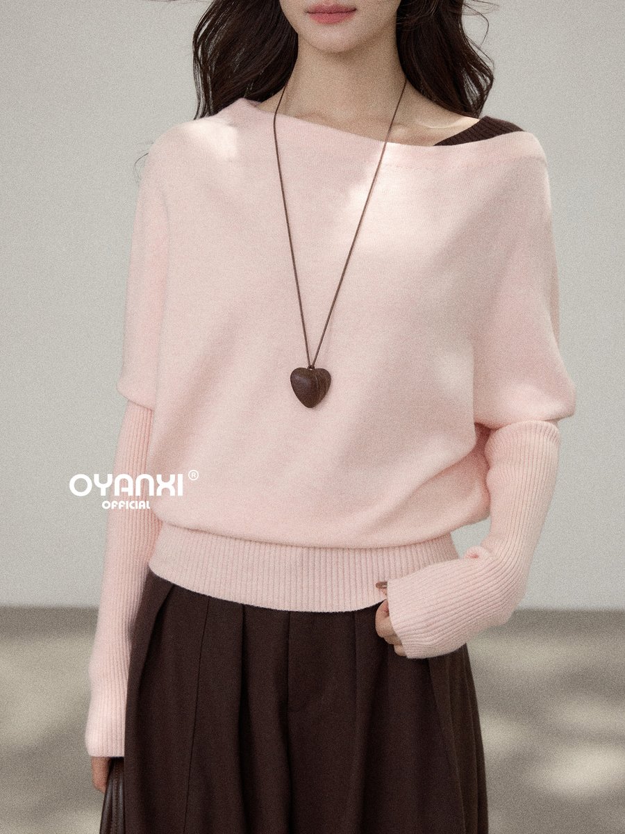 OYANXI 斜めショルダー フェイクレイヤード ドルマンスリーブ ニット