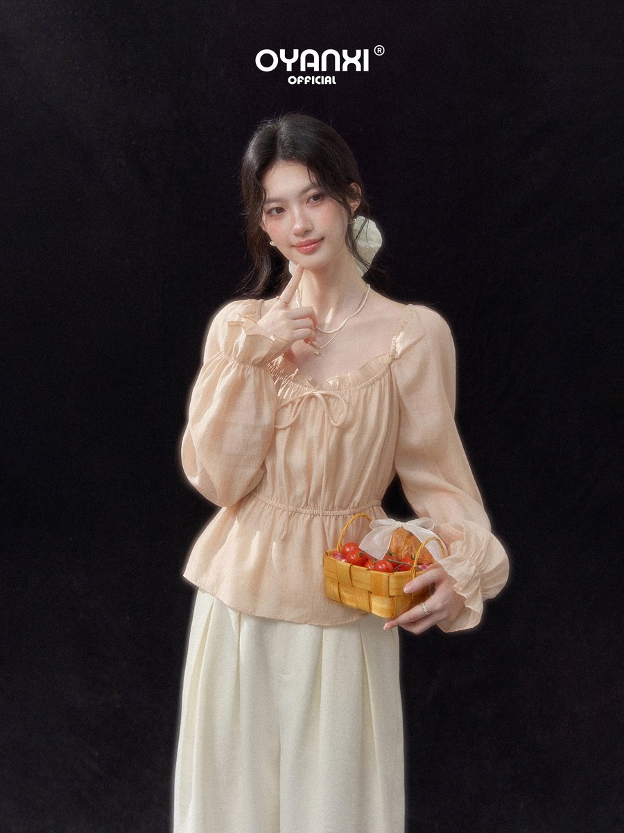 OYANXI フリル パフスリーブ リボン 長袖ブラウス