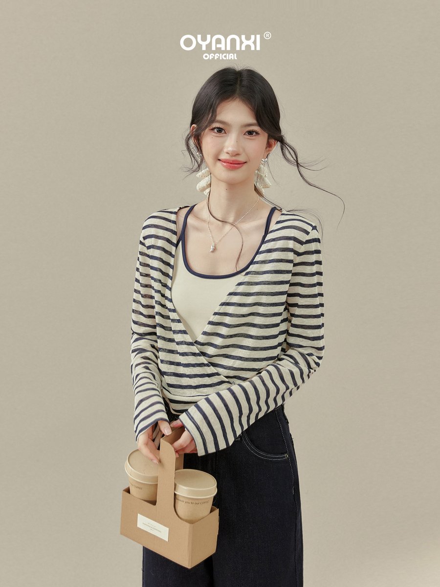 OYANXI ストライプ Vネック 長袖Tシャツ＆キャミソール 2点セット