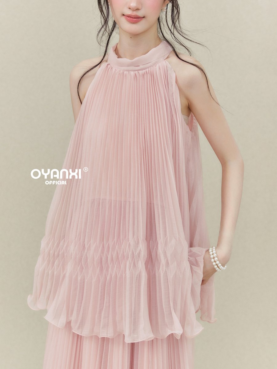 OYANXI ホルターネック オフショルダー プリーツワンピース