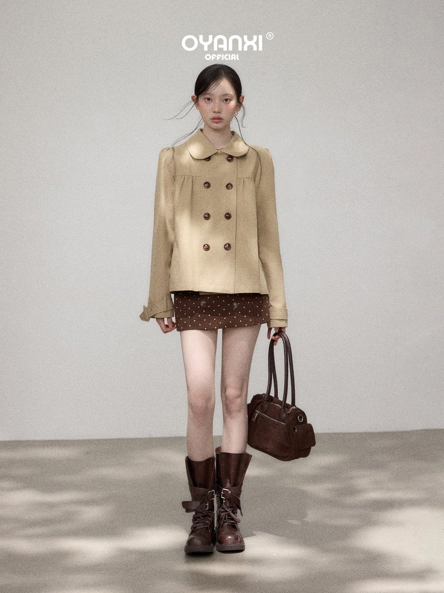 OYANXI 折り襟 ダブルボタン ゆったり ショート丈ジャケット