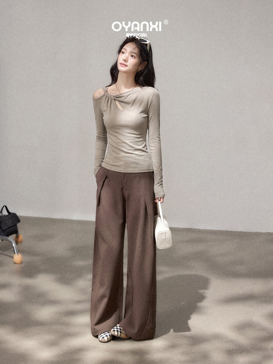 OYANXI アシンメトリーネック ギャザー 長袖Tシャツ