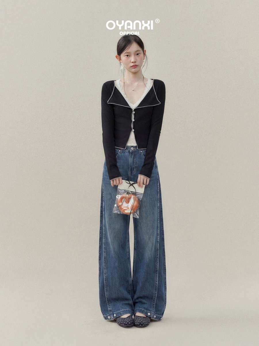 OYANXI レトロブルー 立体サイドシーム ワイドデニムパンツ