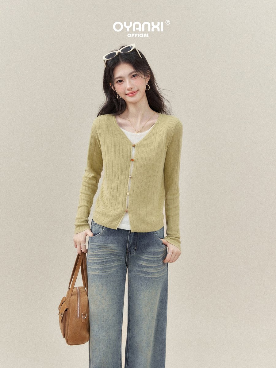 OYANXI ウォッシュ加工 ハイウエスト ワイドデニムパンツ