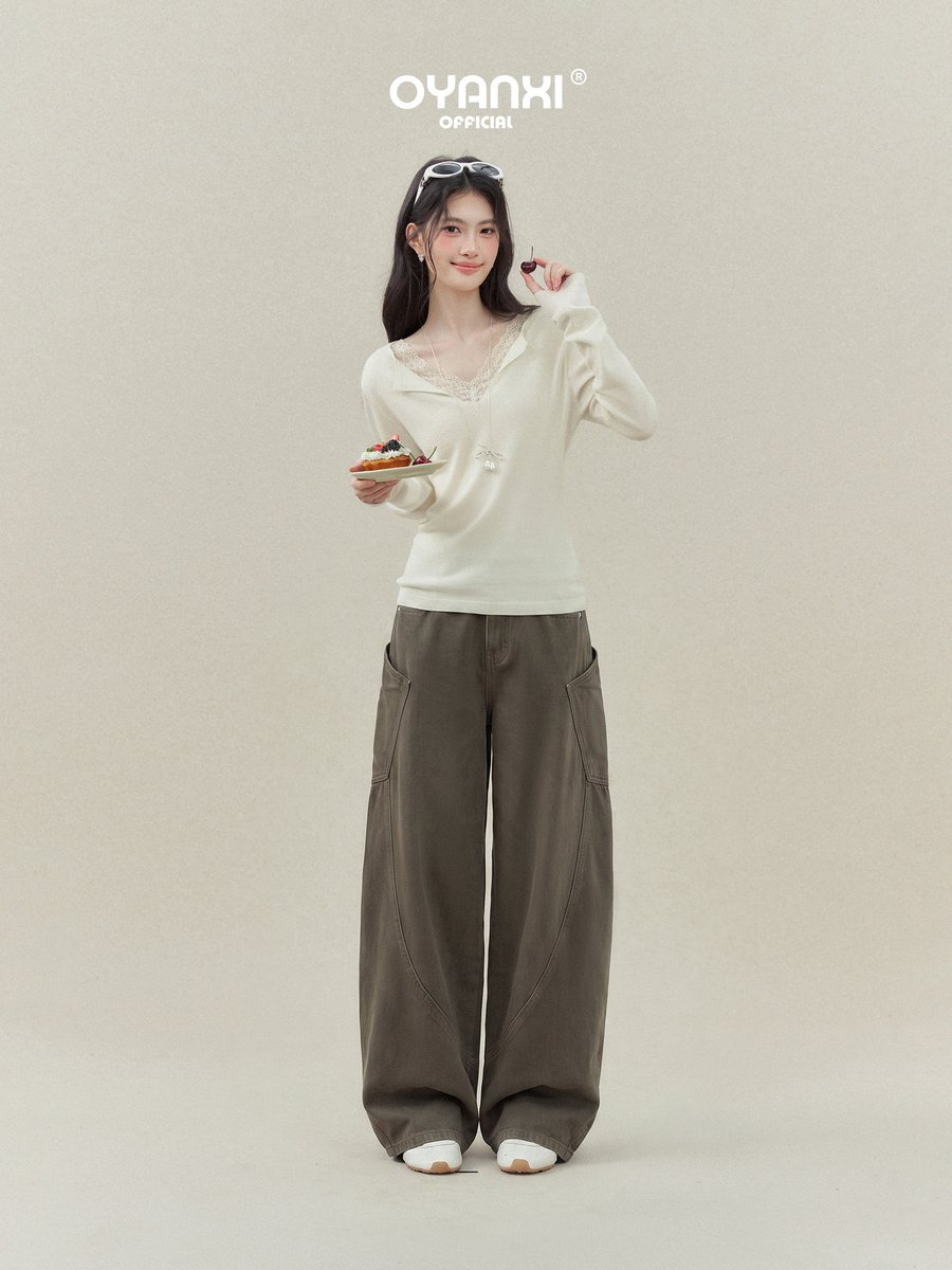 OYANXI ハイウエスト バレルレッグ デニムパンツ