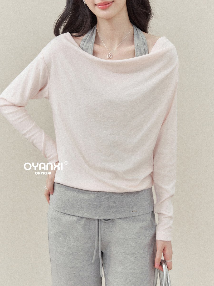 OYANXI ドレープネック フェイクレイヤードTシャツ＆パンツ セットアップ