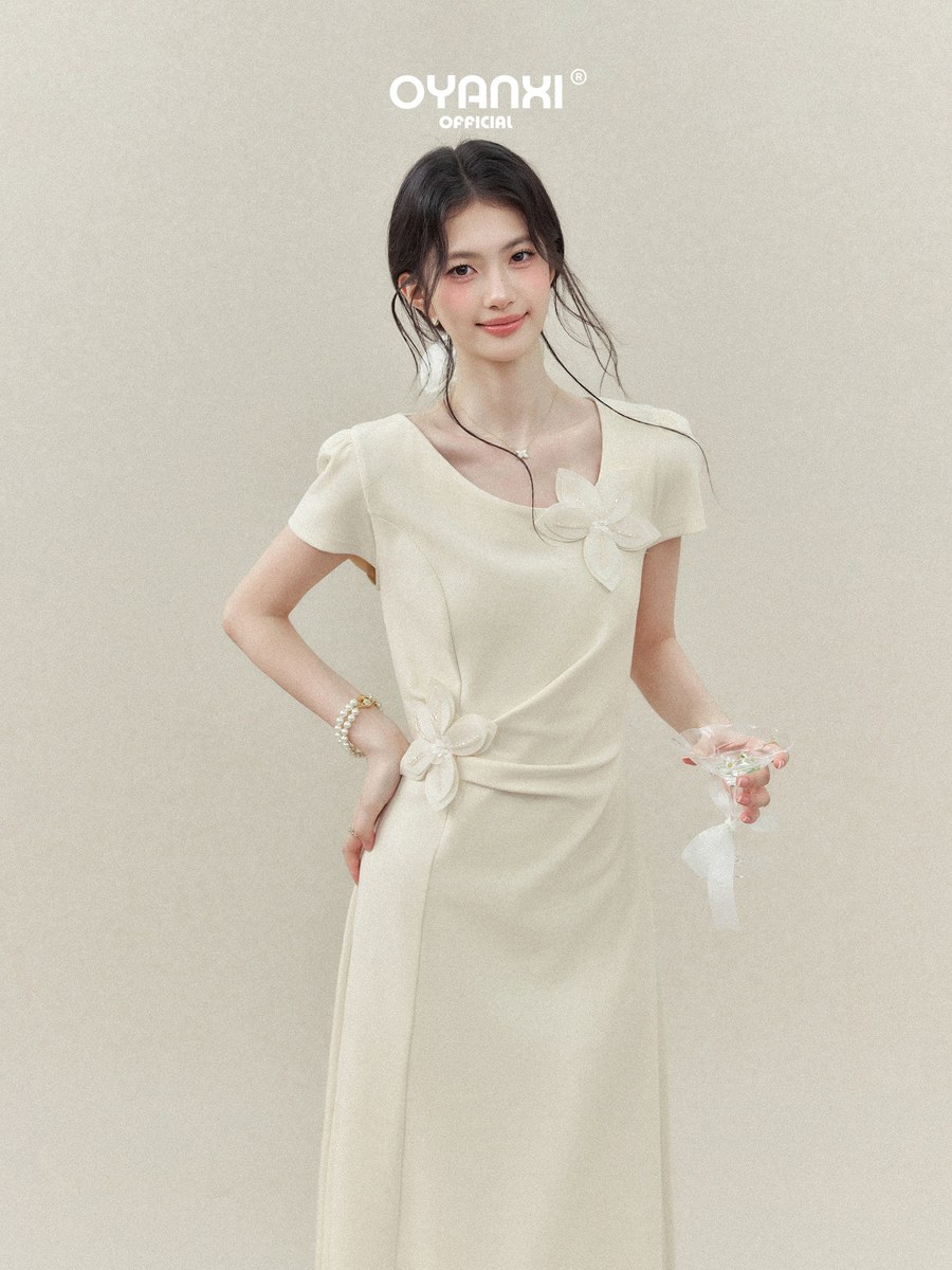 OYANXI 立体フラワー クルーネック 半袖ワンピース