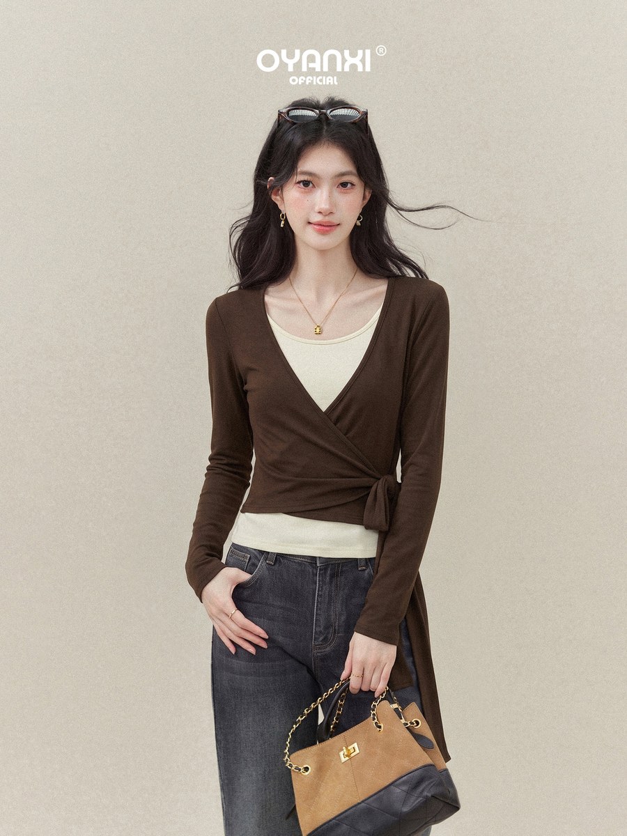 OYANXI Vネック フェイクレイヤード ウエストリボン 長袖Tシャツ