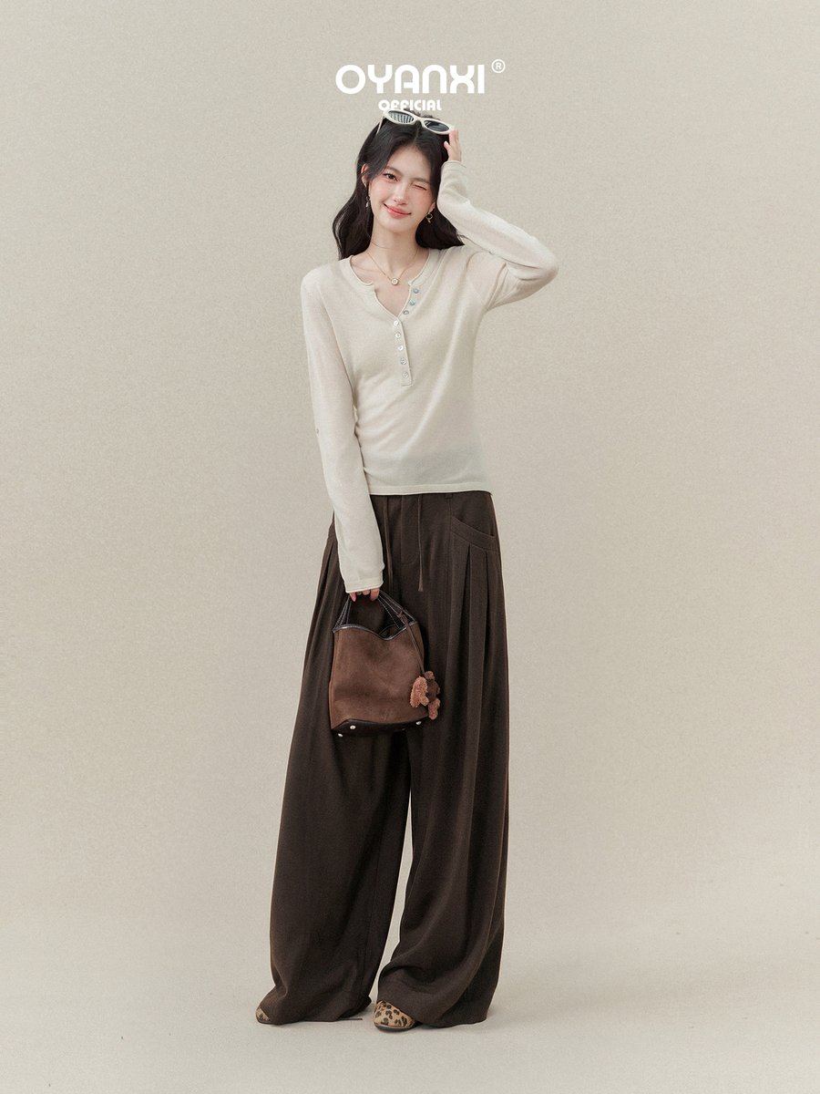 OYANXI タック入り ハイウエスト とろみ ロング丈ワイドパンツ