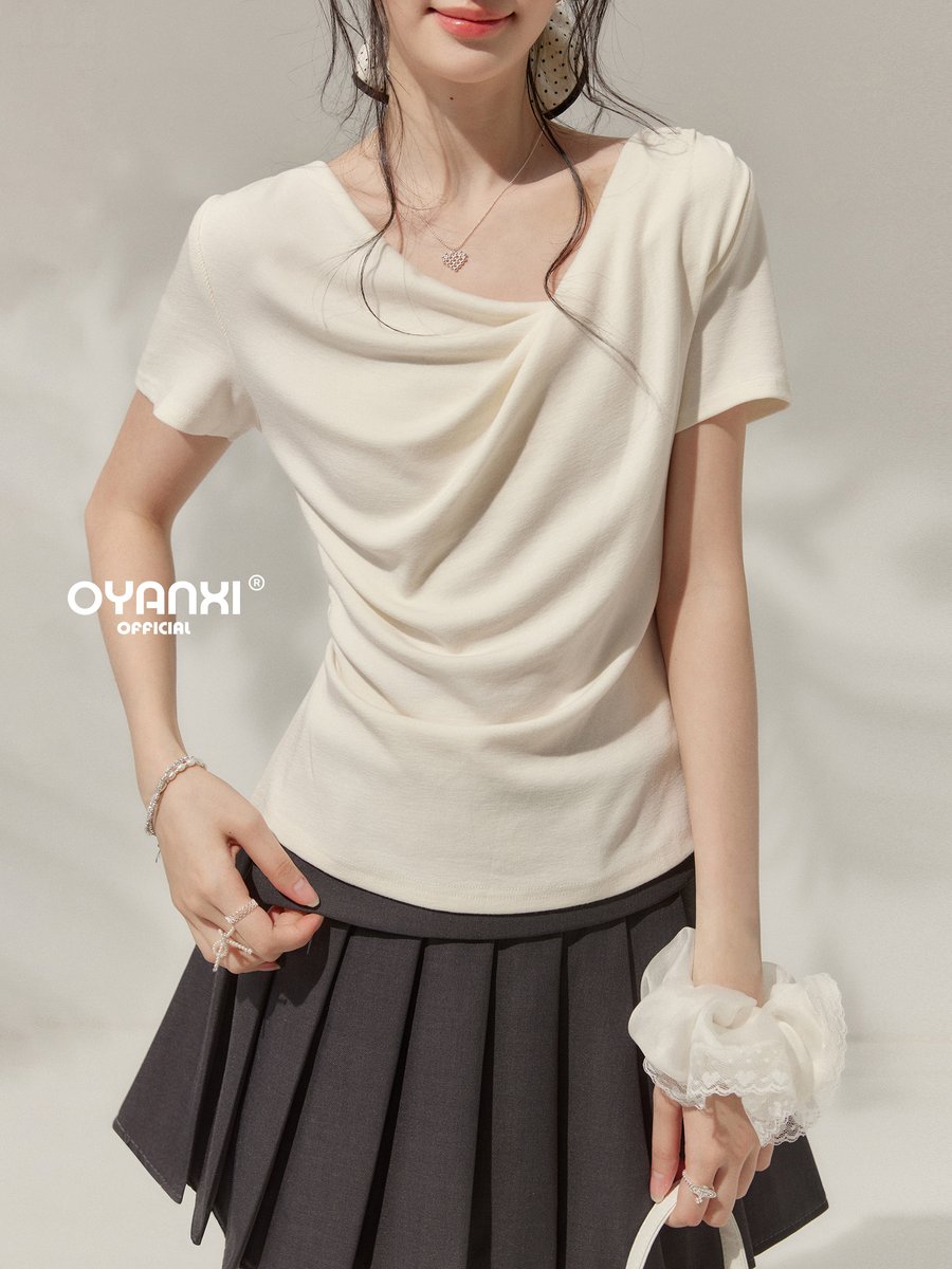 OYANXI ドレープネック アシンメトリー フィットTシャツ