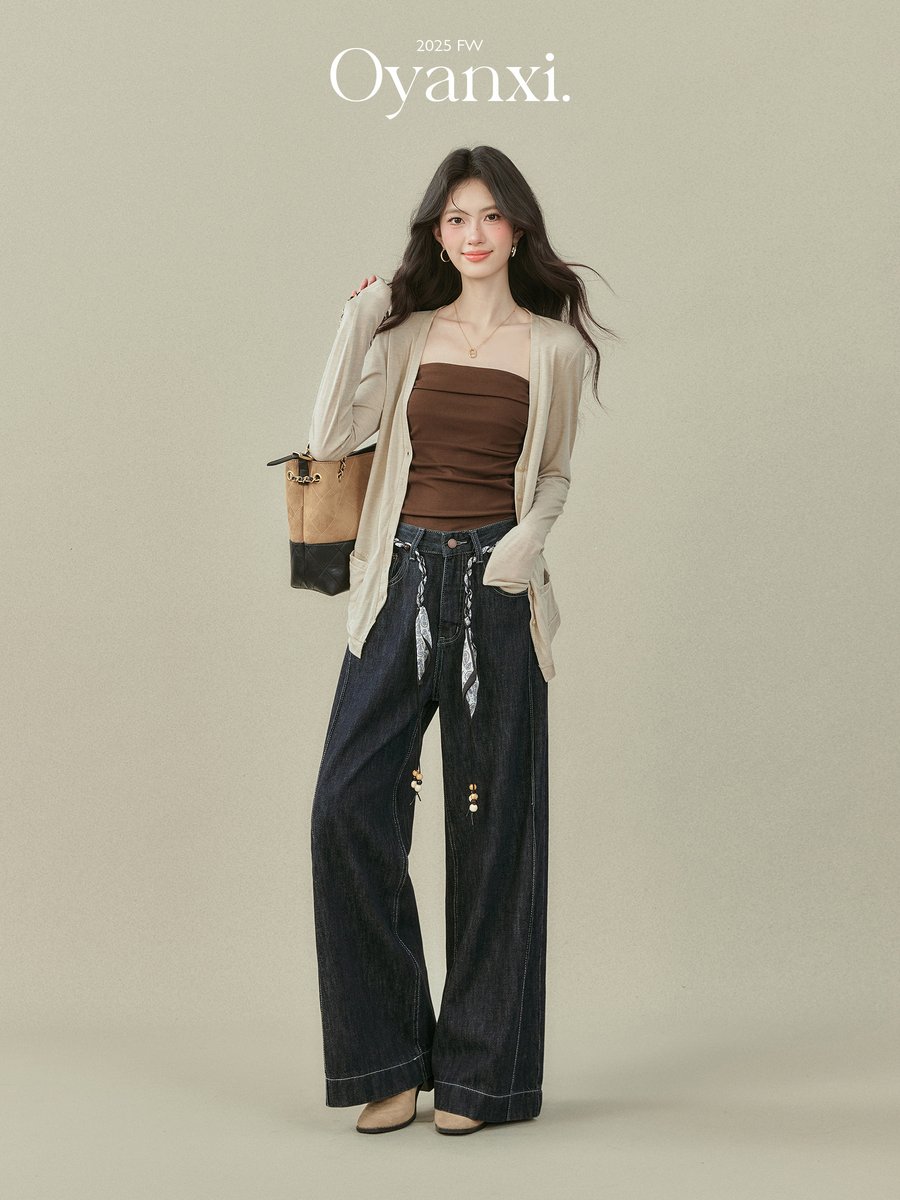 OYANXI ハイウエスト ストレート ワイドデニムパンツ
