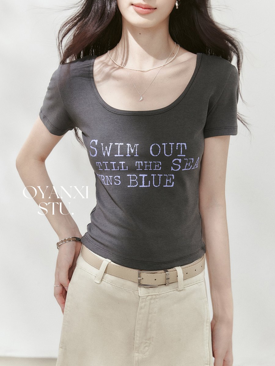 OYANXI ロゴプリント Uネック 半袖Tシャツ