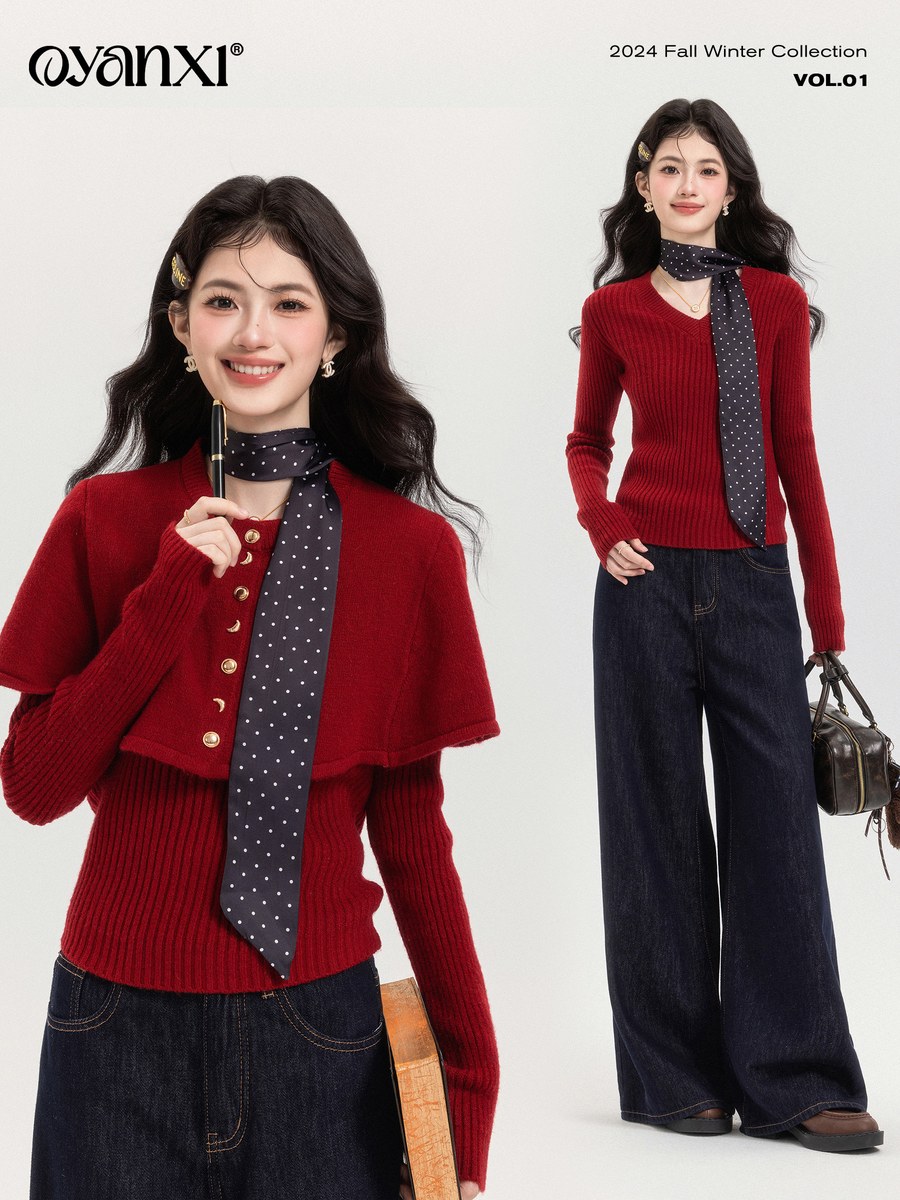 OYANXI ショール付き ウエストシェイプ ニット レッド