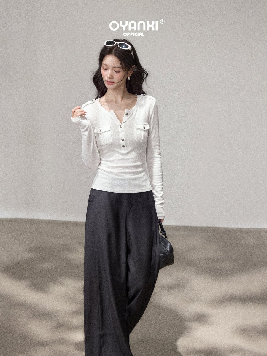OYANXI ヘンリーネック ハーフオープン ウエストシェイプ 長袖Tシャツ