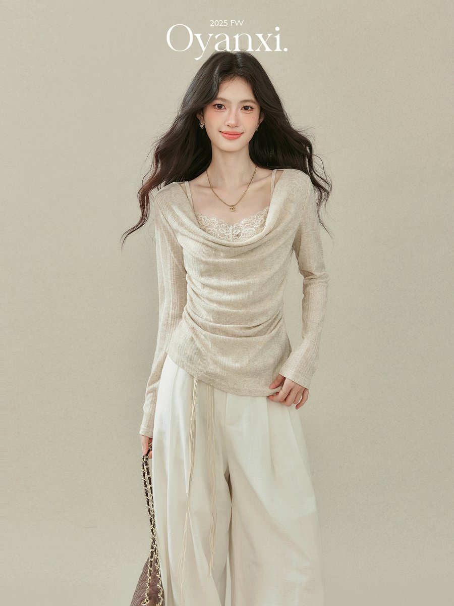 OYANXI ドレープネック レース ニット長袖Tシャツ