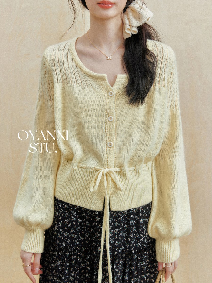 OYANXI Uネック 小花柄 ニットカーディガン
