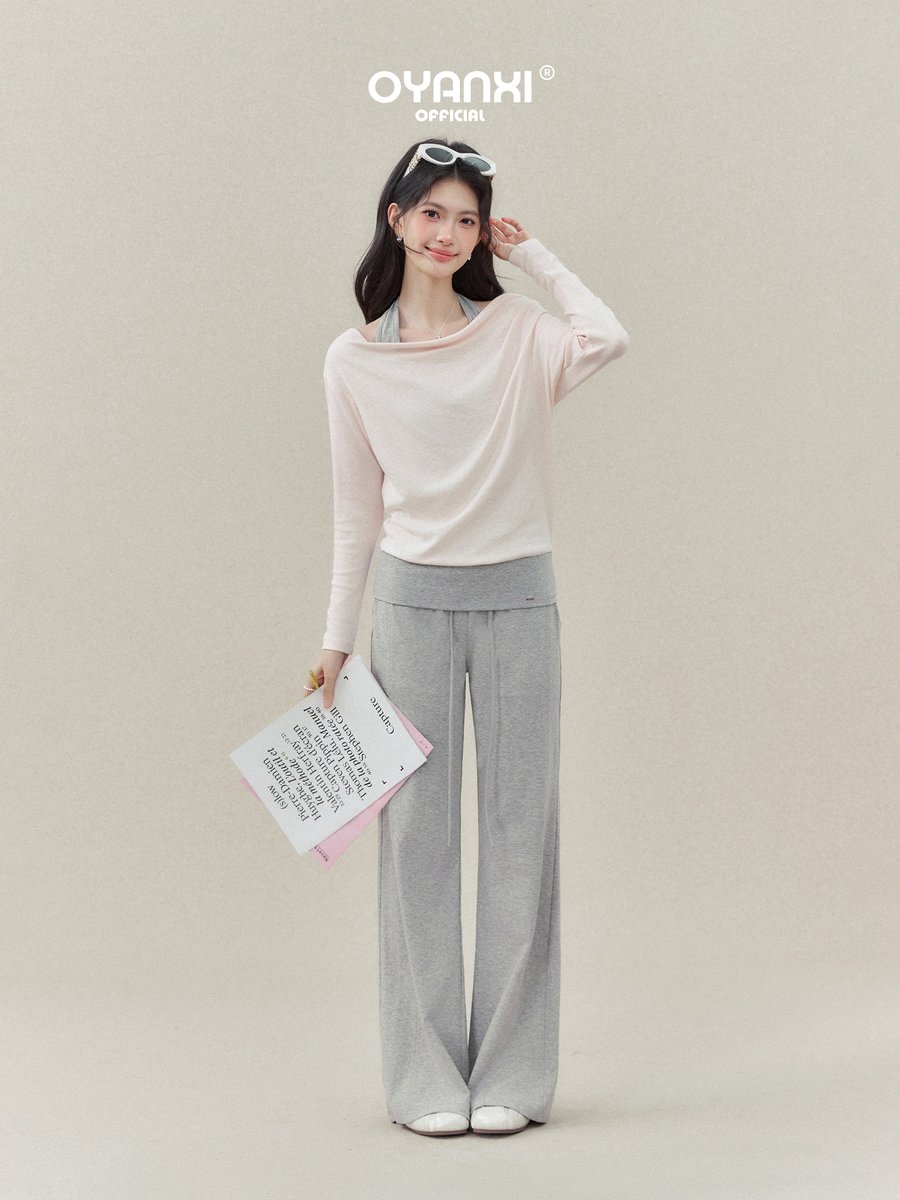 OYANXI ドレープネック フェイクレイヤードTシャツ＆パンツ セットアップ