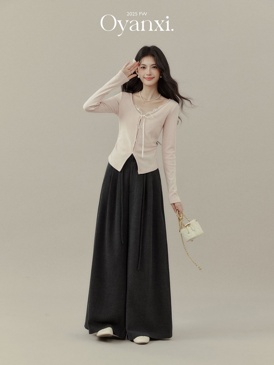 OYANXI フェイクレイヤード Vネック 起毛カットソー