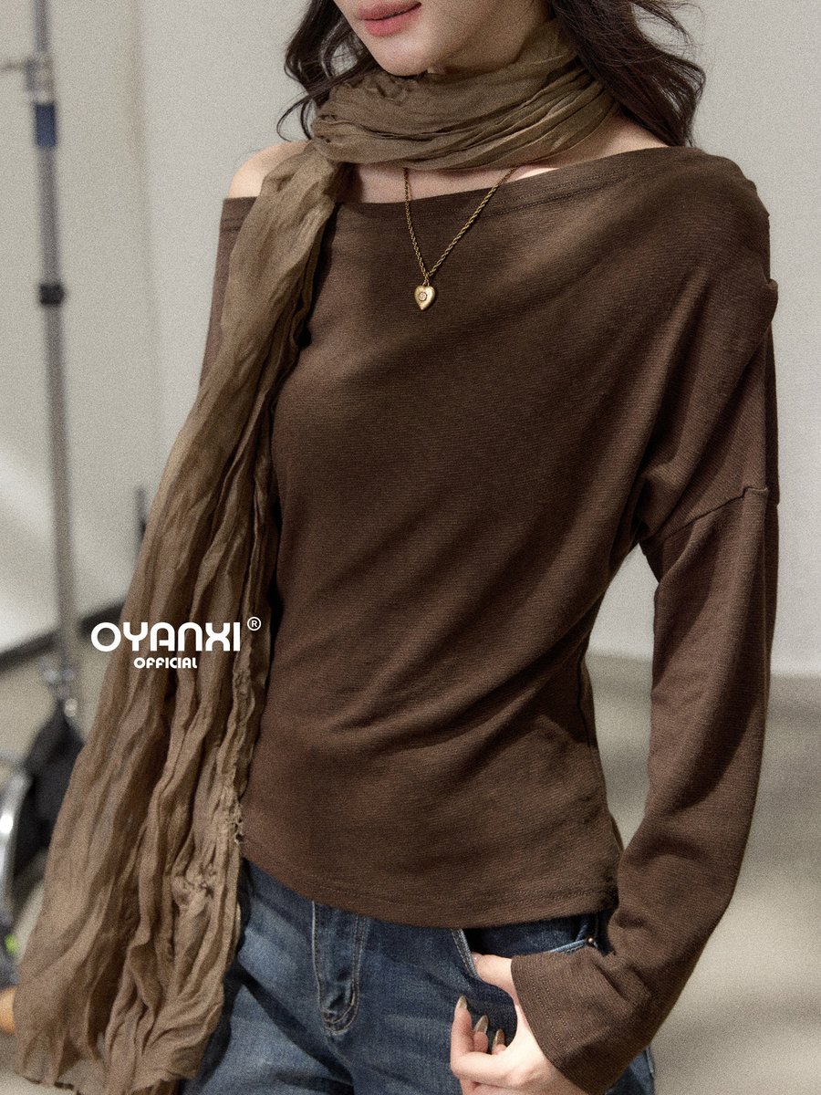 OYANXI マフラー付き アシンメトリーネック 長袖Tシャツ