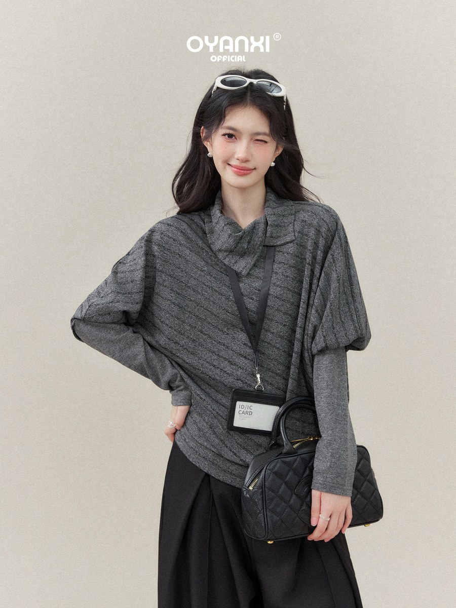 OYANXI ハイネック ボーダー フェイクレイヤード ドルマンTシャツ