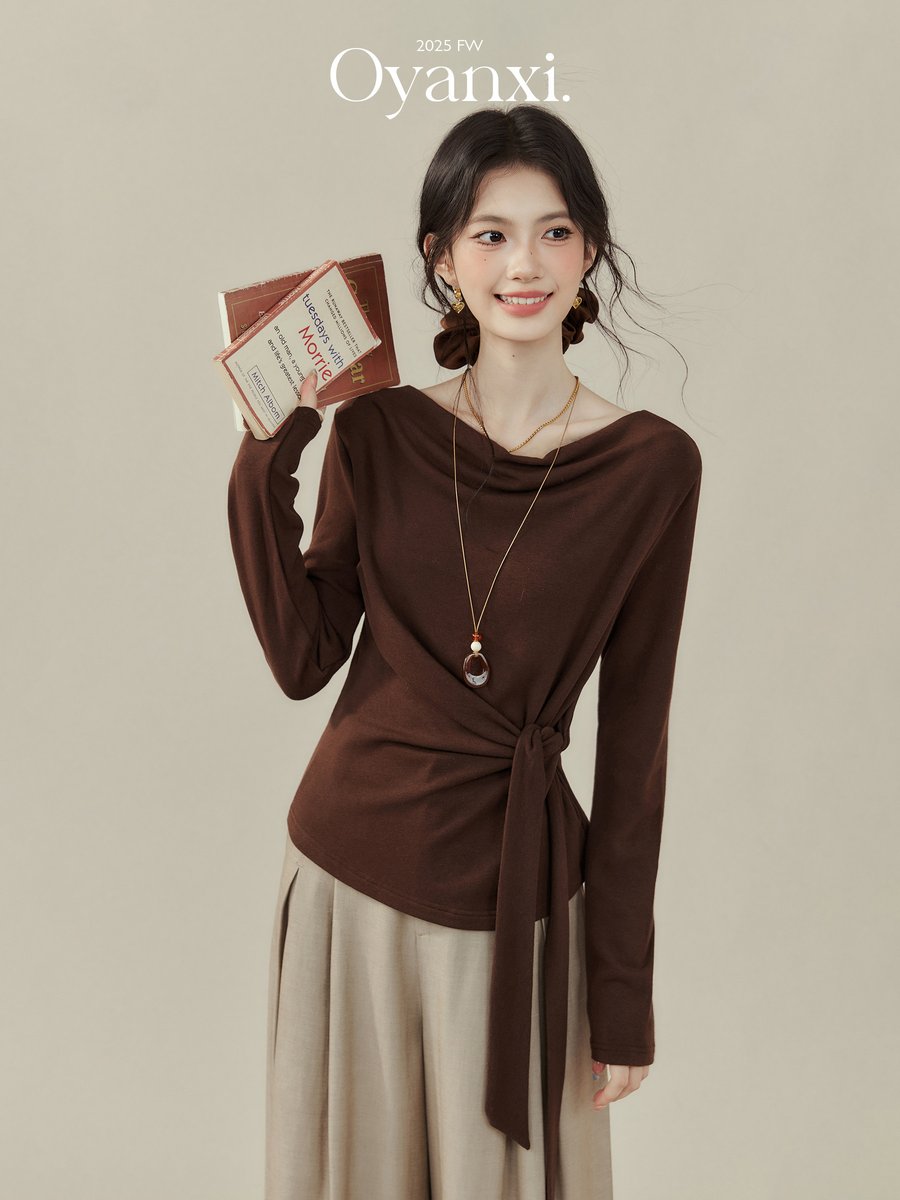 OYANXI ドレープネック リボン 長袖Tシャツ
