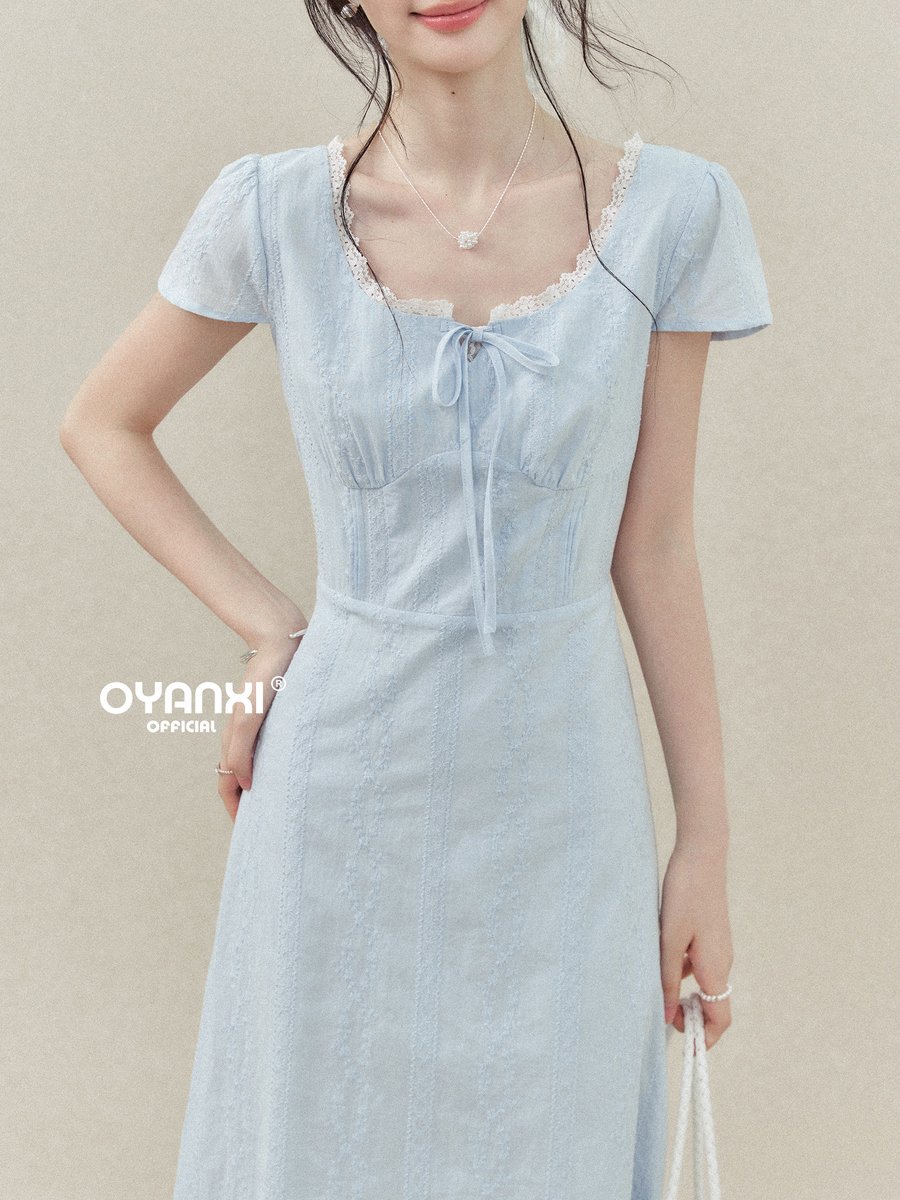 OYANXI Uネック レーストリム フリルスリーブ ワンピース