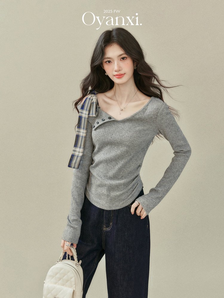 OYANXI リボン アシンメトリーネック ニット長袖Tシャツ