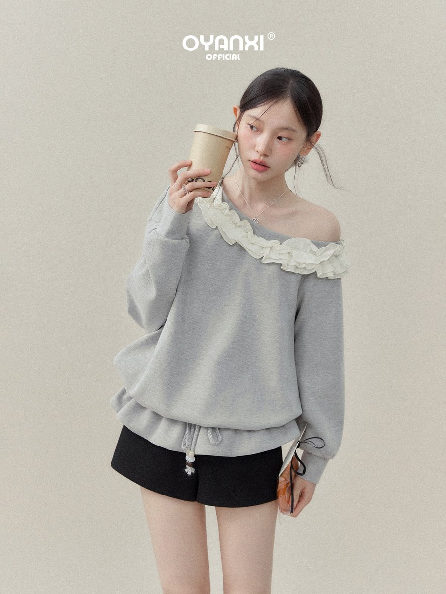 OYANXI アシンメトリーネック フリル ゆったりスウェット
