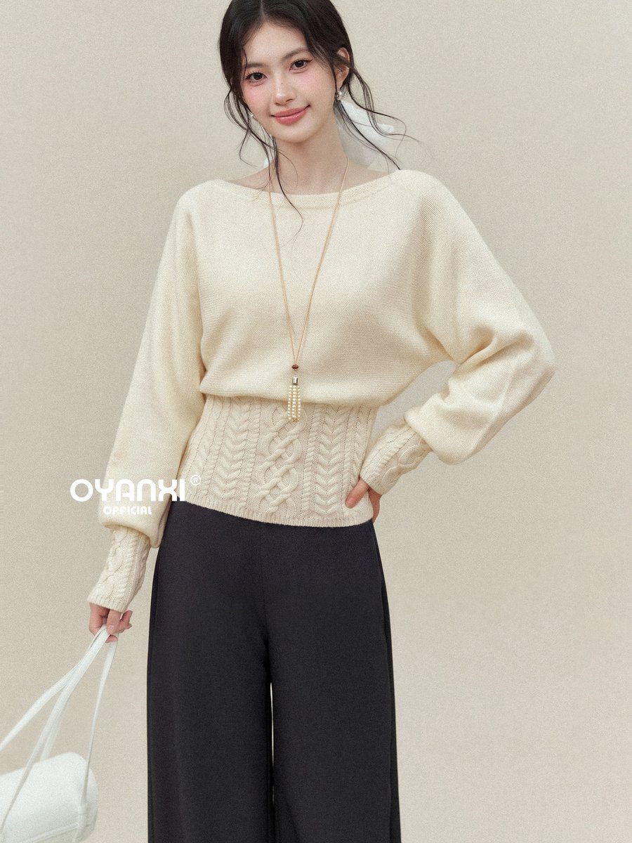 OYANXI ボートネック ランタンスリーブ ケーブル編み セーター