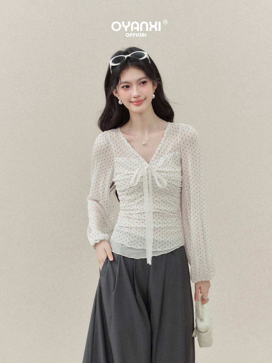 OYANXI ドット柄 レース Vネック サイドタック Tシャツ