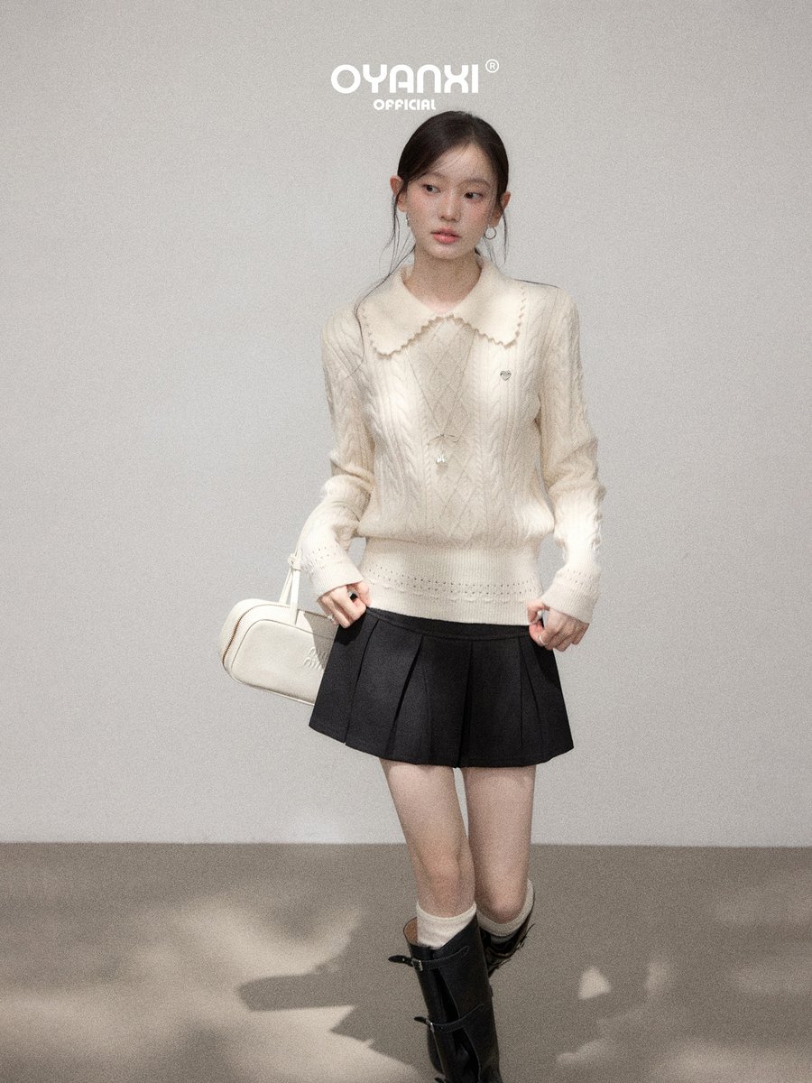 OYANXI 折り襟 透かしリブ編み ウエストシェイプ 長袖ニット