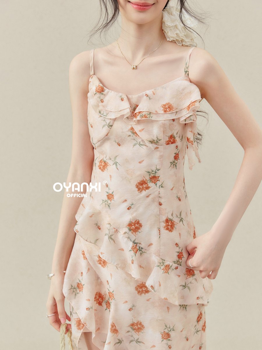OYANXI 小花柄 フリル ウエストシェイプ キャミソールワンピース