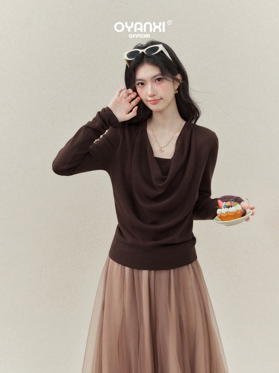 OYANXI ドレープネック フェイクレイヤード 長袖ニット