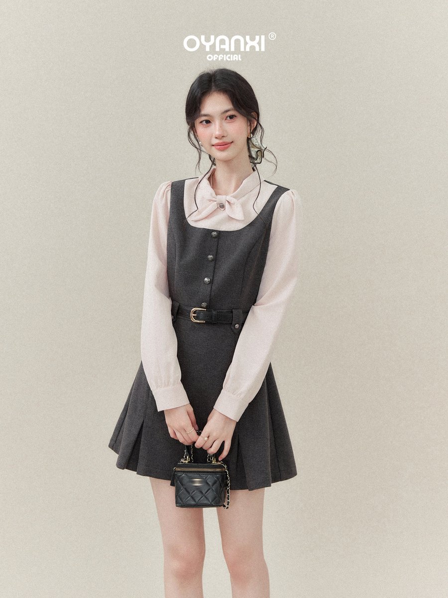OYANXI スタンドカラー リボン フェイクレイヤード ワンピース