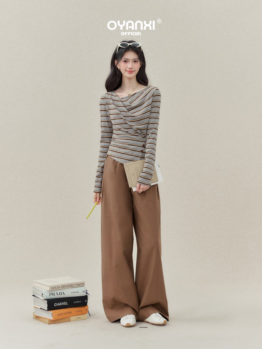 OYANXI ボーダー ドレープネック ツイスト 長袖Tシャツ