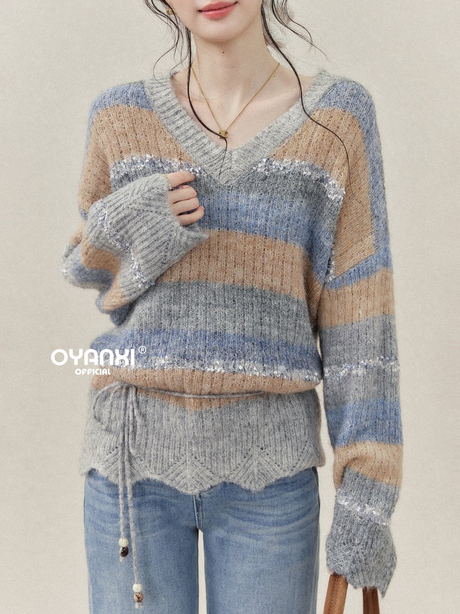 OYANXI 3色配色 透かし編みストライプ Vネック ゆったりセーター