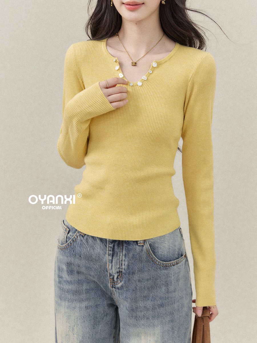 OYANXI スカラップVネック 長袖ニットトップス