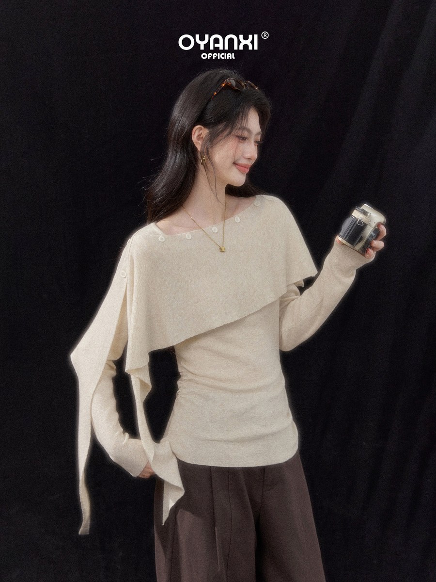 OYANXI 斜めショール レイヤード スリム長袖ニット 2点セット