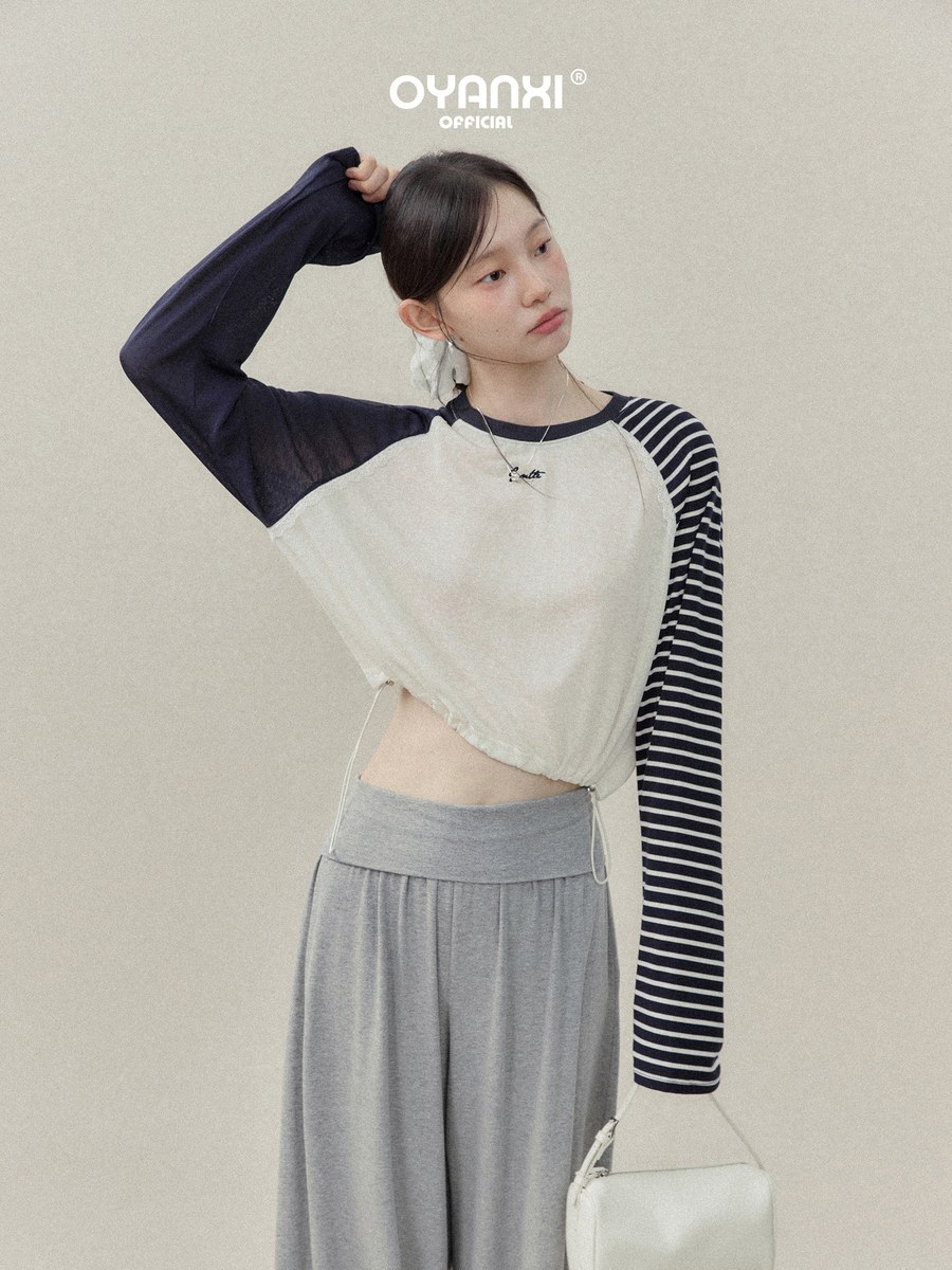 OYANXI アシンメトリー 配色 ドロストヘム 長袖Tシャツ